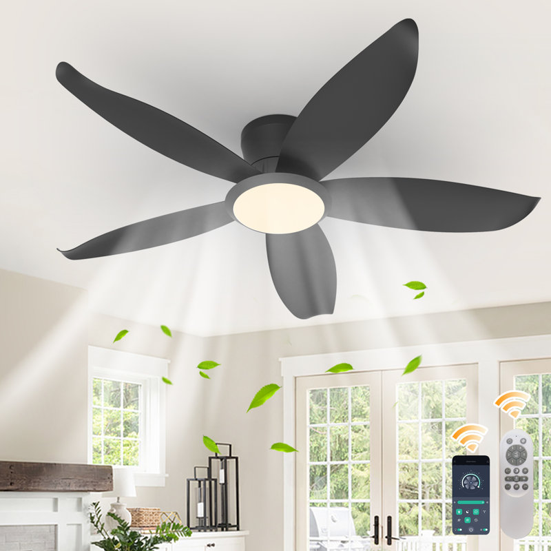 Ventilateur de plafond réversible à DEL à 5 pales de 42 po avec lumière et télécommande, Noir, Noir