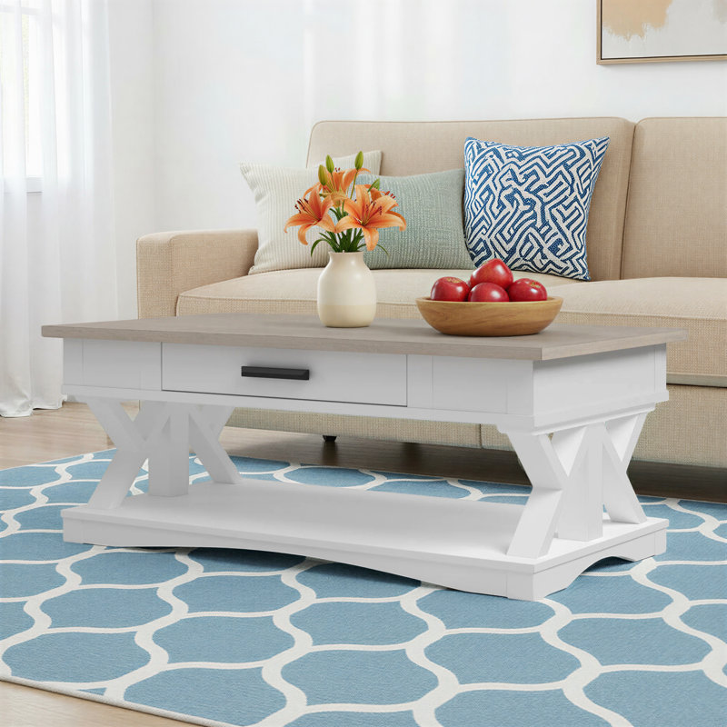 Stapleton Solid Wood Top Coffee Table, Weathered Natural Top/Cotton Base
