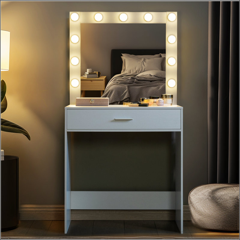 Vanity Desk with Mirror and Lights, Dressing Table with Large Drawer, 1 Level Storage Dresser & 3 Lighting Modes Adjustable Brightness, Suitable for Bedroom