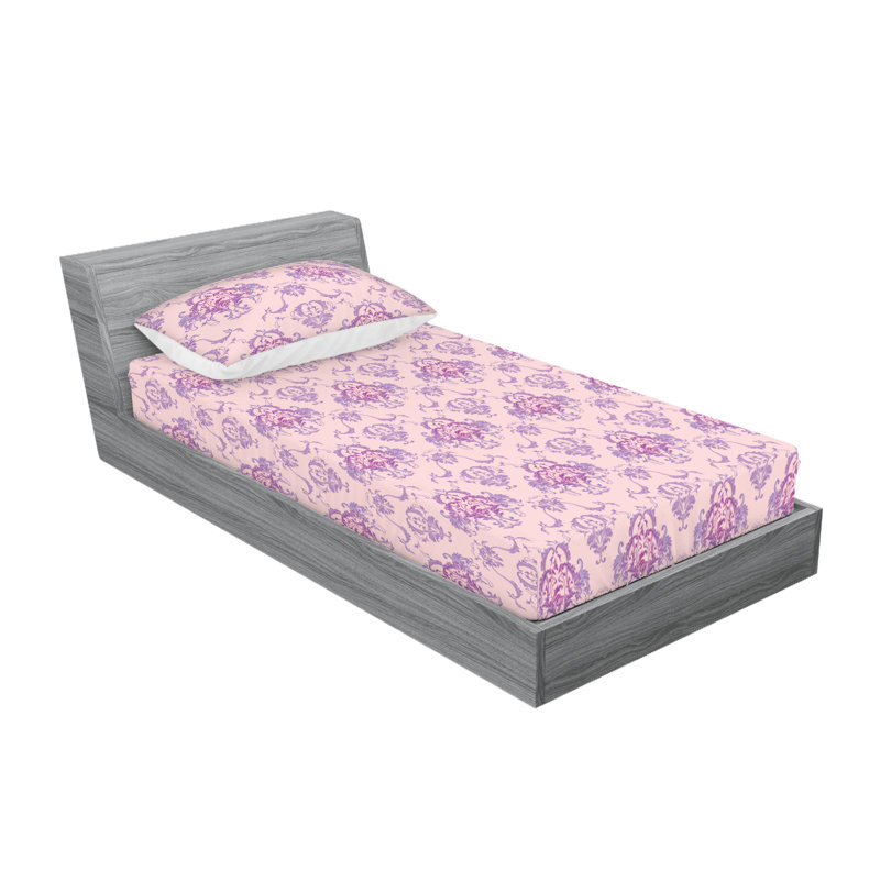 Ambesonne Fitted Sheet & Shams, Pale Pink/Violet Floral, Twin XL Sheet Set with 1 Pillowcase