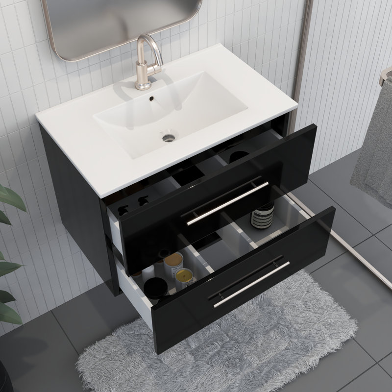 Agustiniano 30'' Single Bathroom Vanity with Ceramic Top, Glossy Black