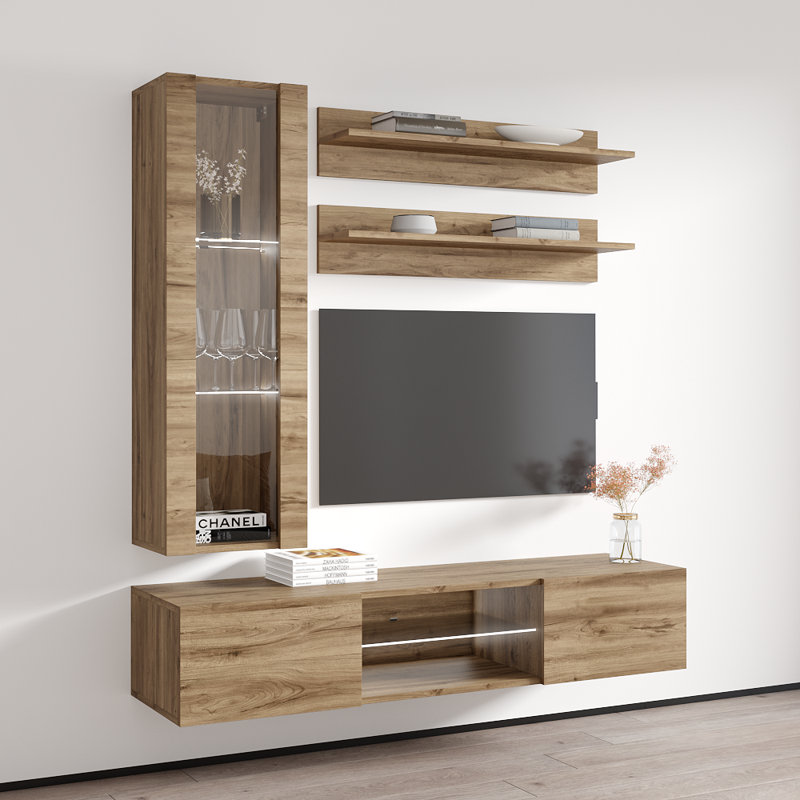 Livengood 63" Modern Floating Wall Mounted Entertainment Center with 16-Color LED Lighting, High Gloss Finish, Oak