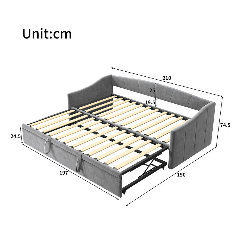 Pull-Out Sofa Bed 180 x 200 cm, Velvet Upholstered Daybed with Trundle, Convertible Double Sleeper Sofa with Slatted Base, Space Saving Guest Bed for Small Rooms