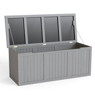 112 Gallon Outdoor Wooden Deck Box, Solid Wood Storage Bench With Hinged Lid, Waterproof Patio Storage Box For Cushions, Garden Tools, Pool Accessories, Seat & Table Use