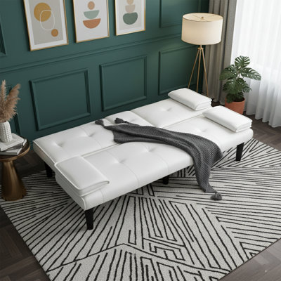67'' W Convertible Sleeper Sofa - White Faux Leather - Built-in Cup Holder - Multi-Functional