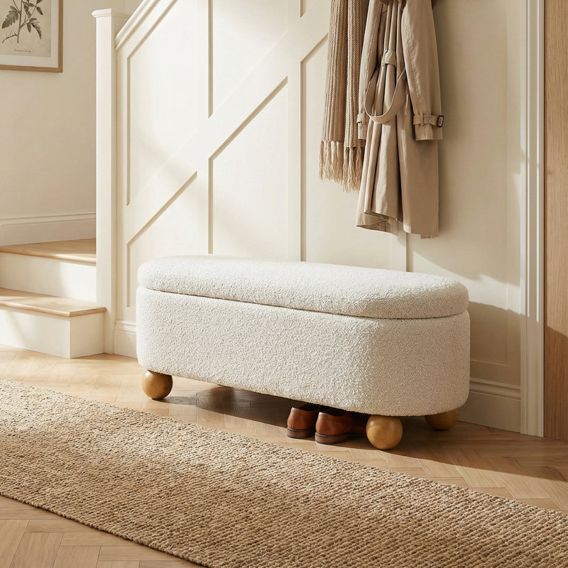 Modern Oval Storage Bench with Spherical Legs for Entryway and Living Room, Cream