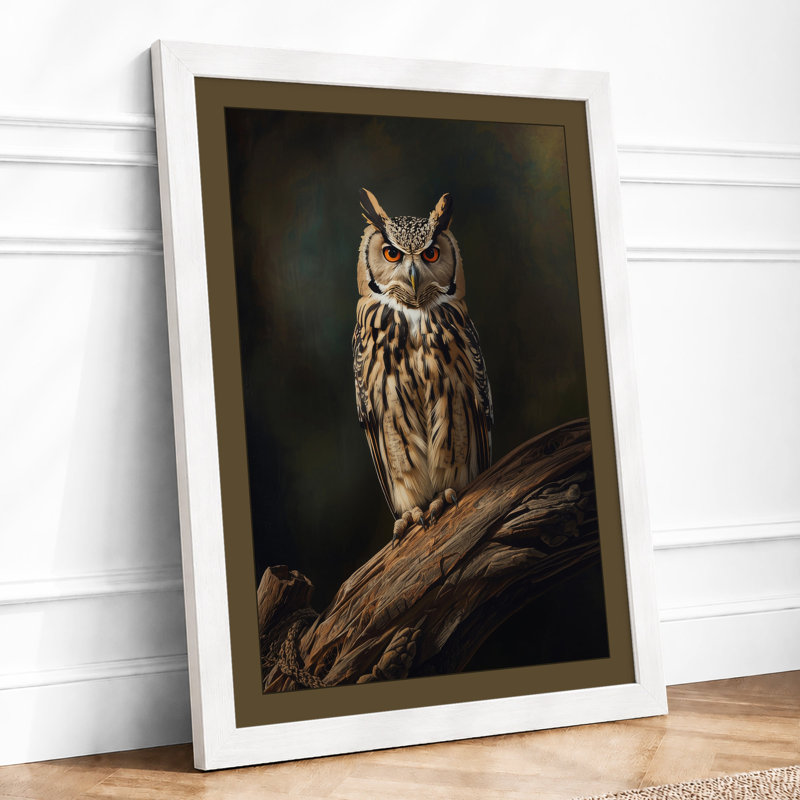 Tawny Owl Perched Japandi - Framed Print, A2 - 59.4 x 42.0 cm, White