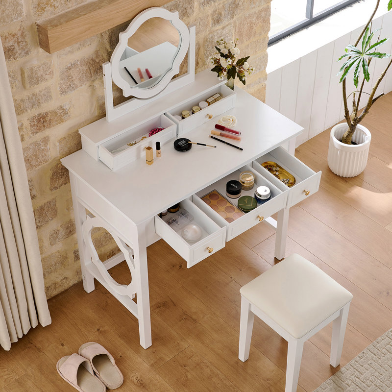 Compact Makeup Vanity Table With Reversible Mirror, Dressing Table Set With Stool, Space-Saving Beauty Station For Small Places, White