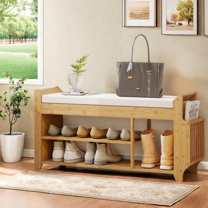 Banc de rangement à chaussures peu encombrant, support en bambou naturel à 2 niveaux avec assise rembourrée