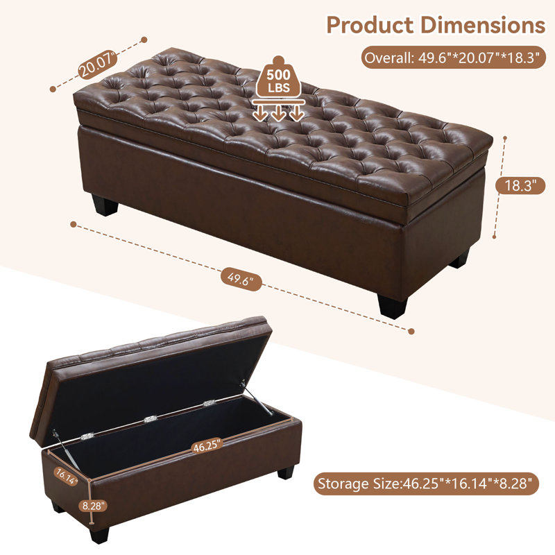 Banc de rangement à couvercle rabattable, recouvert de similicuir, de 126 cm de large, Marron foncé