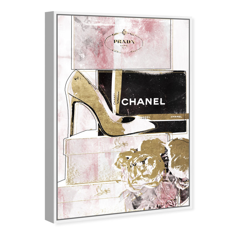 " Luxury Stacked Shoes Rose ", White Framed, 45" H x 30" W