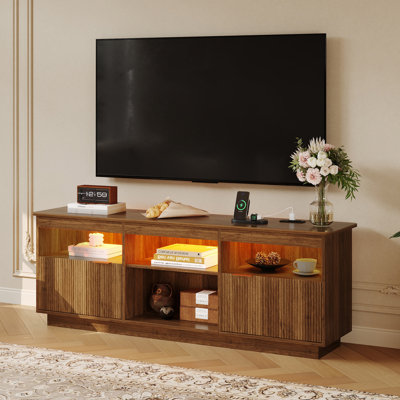 Mid-Century Modern Fluted TV Stand with Power Outlet, Freestanding Walnut Media Console with Storage Cabinets, Open Shelves and Cable Management, Entertainment Center Fits TVs up to 80 Inches