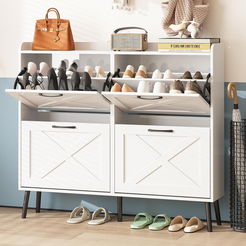 Space-Saving Freestanding Shoe Storage Cabinet with 4 Flip-Door Compartments and Multi-Functional Design, White