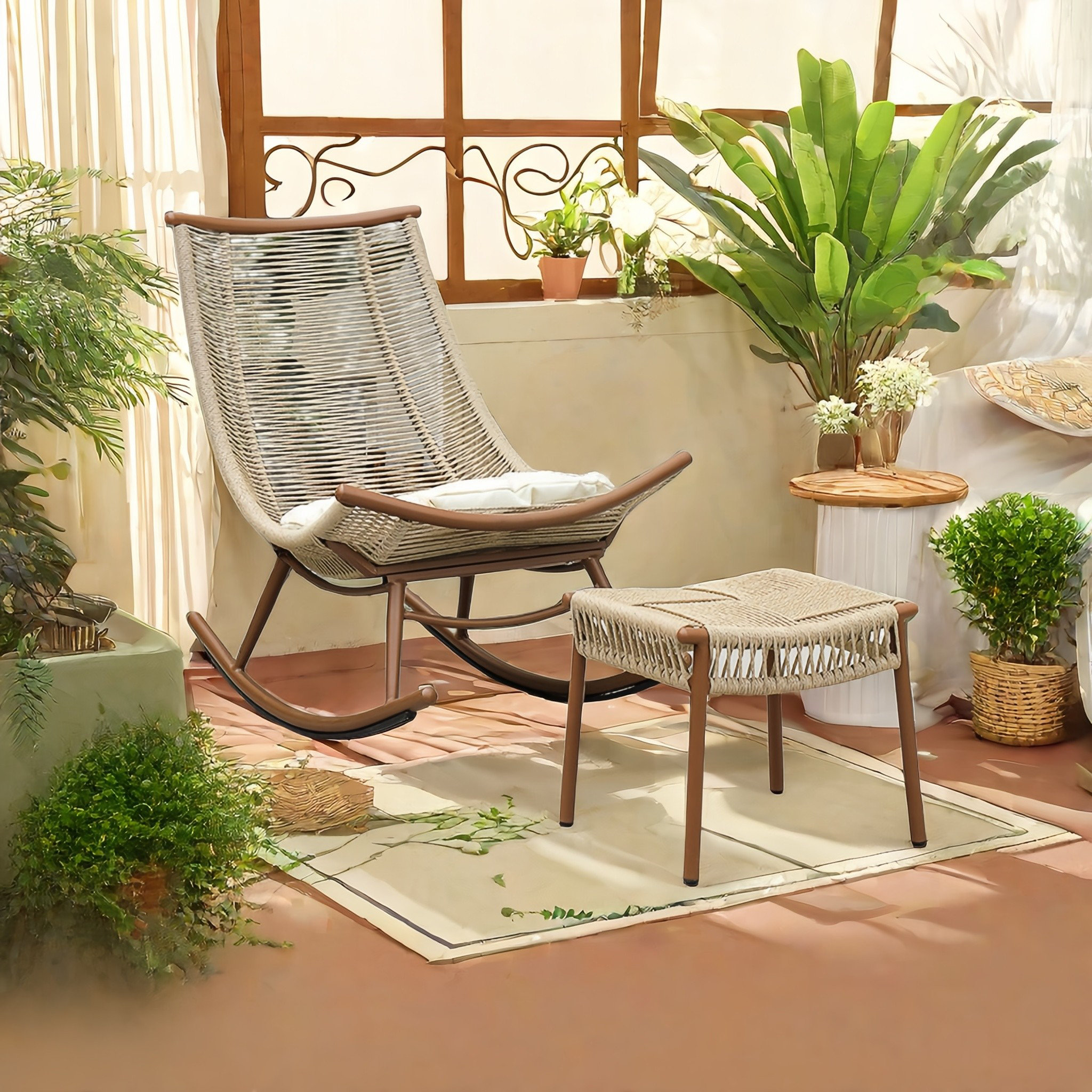 VIBORZ Modern Rattan Rocking Chair with Ottoman | Wayfair