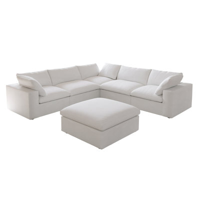 Kenda 6-Piece Upholstered Modern Linen Slipcovered Sectional Sofa With Ottoman