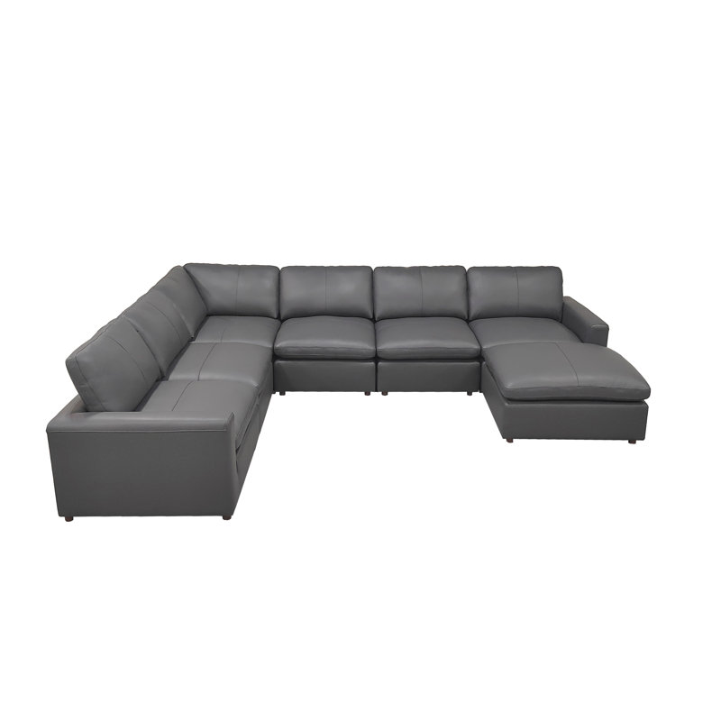 Rowith Top-Grain Leather Large Seating Modular Sectional, Blue Gray