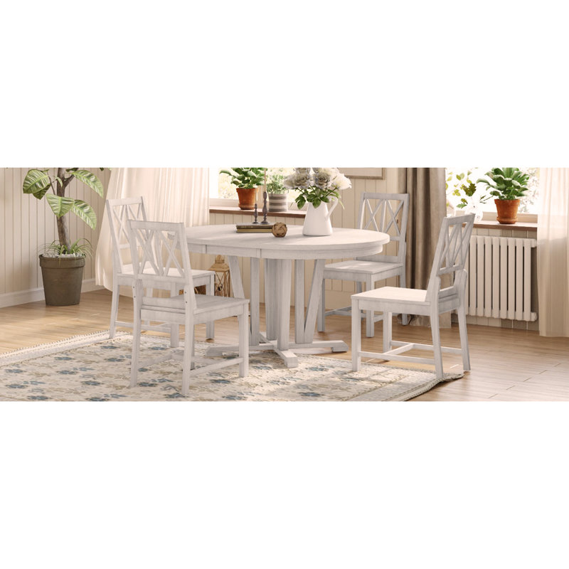 Rustic 5-Piece Extendable Dining Table Set Round Trestle Table and 4 Cross Back Dining Chairs for Kitchen, Dining Room, Gray