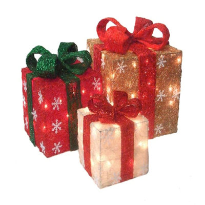 Ensemble de 3 boîtes-cadeaux de Noël rouges et crème illuminées pour l'extérieur 10 po