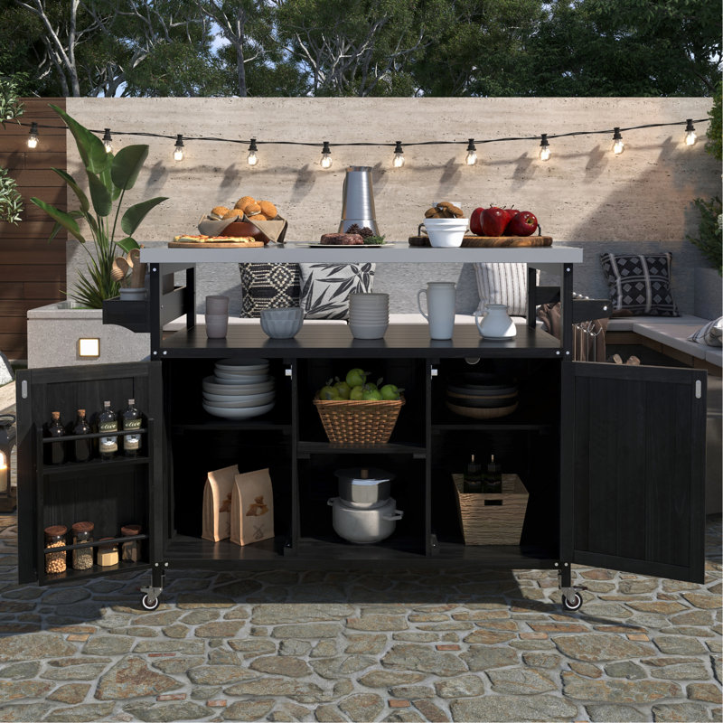 50.25" Outdoor Rolling Grill Cart Potting Bench Table With Stainless Steel Top, Storage Cabinet Kitchen Island, Black