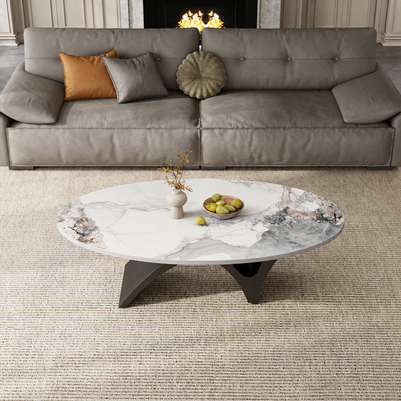 Table basse ovale moderne de 125 cm (49,2 po), plateau en pierre frittée imitation marbre, piètement minimaliste en métal sculptural, montage facile