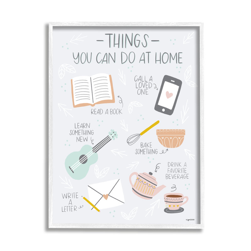 Ae-905 Things To Do At Home Illustrated Self Care Guide - Graphic Art, Coastal White Framed Giclee, 20" H x 16" W x 1.5" D