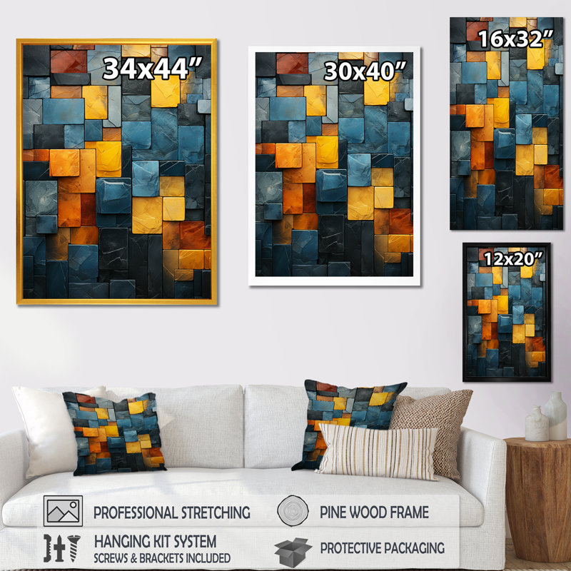 Yellow Stone Cubes II - décoration murale en marbre, Cadre flottant noir, H 44 po x l 34 po x P 1,5 po