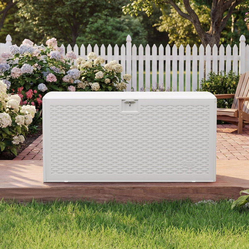 99 Gallon Waterproof Resin Deck Box, Lockable Outdoor Storage Container for Patio & Pool, White