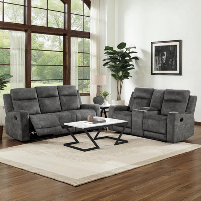 Huson Traditional Manual Reclining 3-Piece Living Room Set with Textured Microfiber Upholstery, Tab Pull Motion & Foam over Pocket Coils Comfort by Latitude Run