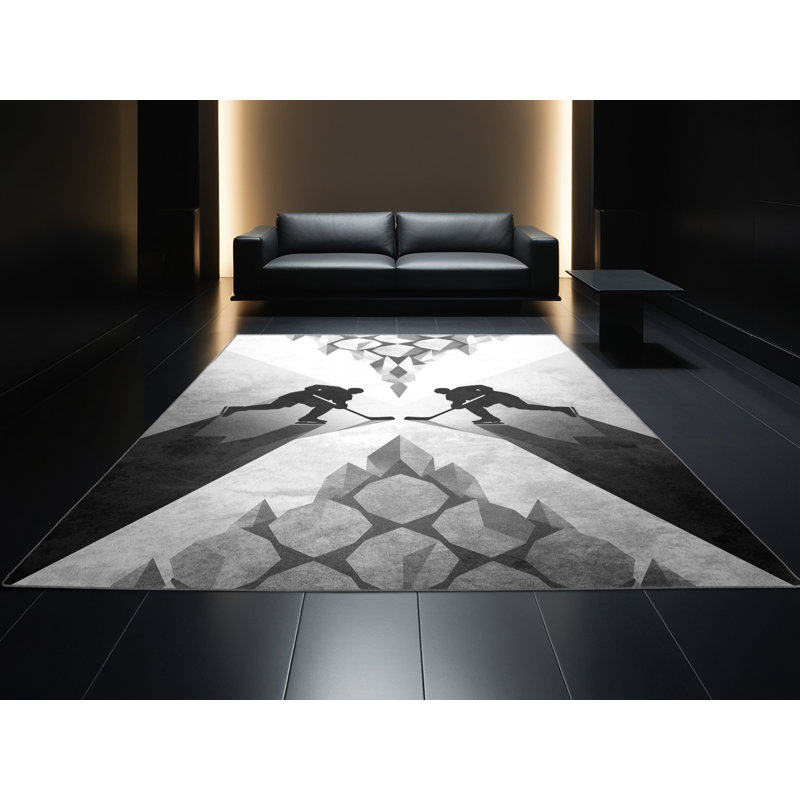 Machine Washable Arellano Ice Hockey Faceoff Minimalist Geometric Rug in Gray – Gray Binding, 2x3