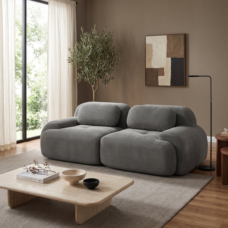Canapé modulable 2 places gris en velours côtelé, profil bas, accoudoirs incurvés, sans montage, 2 Seat