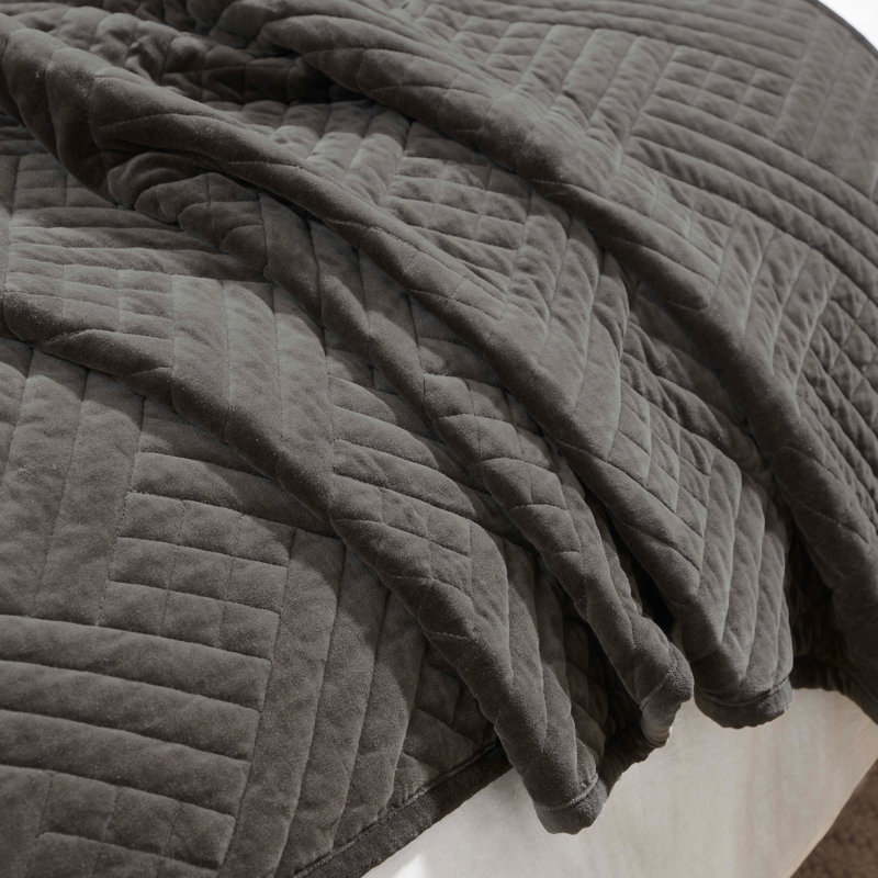 Ensemble de courtepointe et taie d'oreiller en velours de coton Karina, Courtepointe très grand + 2 taies décoratives, Gris