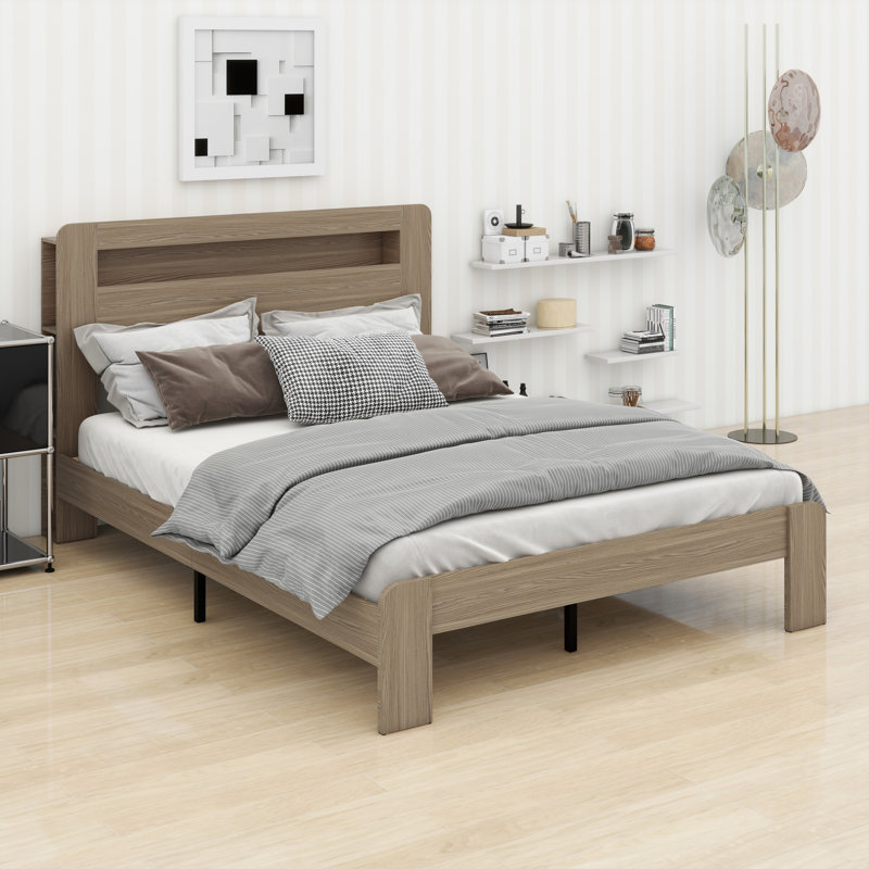 Lit plateforme intelligent avec éclairage à DEL intégré et charge USB, Gris matinal, Grand lit
