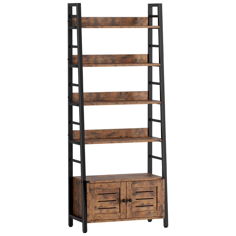 Kyesha Bookshelf With Louvered Doors, Ladder Shelf With Cabinet Industrial Accent Furniture For Bedroom Living Room Home Office, Rustic Brown