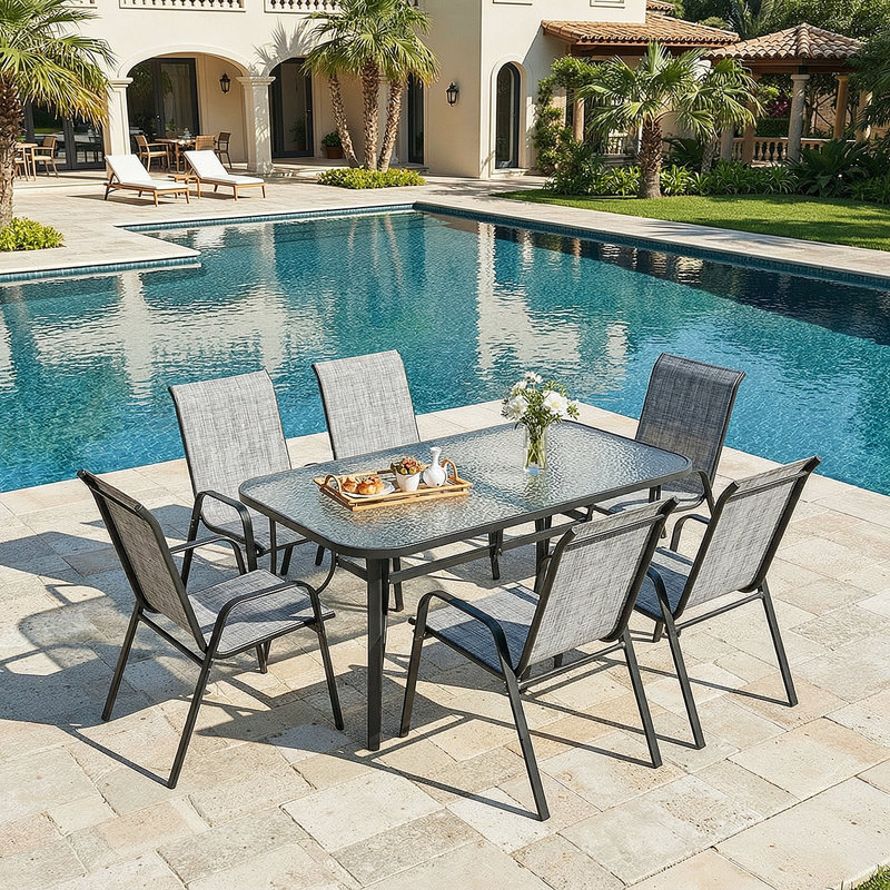 Chaises de patio empilables toutes saisons, tissu en textilène durable avec accoudoirs, structure en métal robuste, chaises de salle à manger ergonomiques à séchage rapide pour l'extérieur pour la cour et la piscine (gris, 6 pièces)