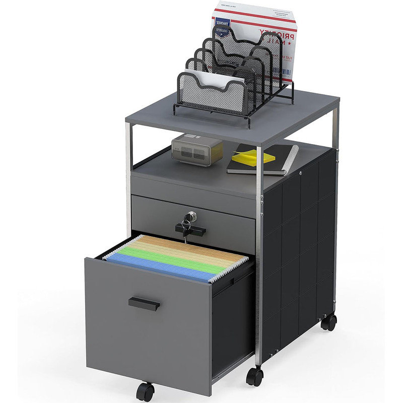 Rolling Mobile File Cabinet with 2 Drawers & Open Shelf, Mobility, 1 File Cabinet Drawer & 1 Lockable Drawer, Gray