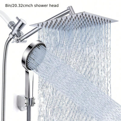 Chrome Plated Ultra Thin Shower Set,8 Inch Square Rainfall Shower Head with  3-Spray Handheld Shower and Foldable Shower Arm, Wall Mount Shower Set (Without Small Elbow Pipe)