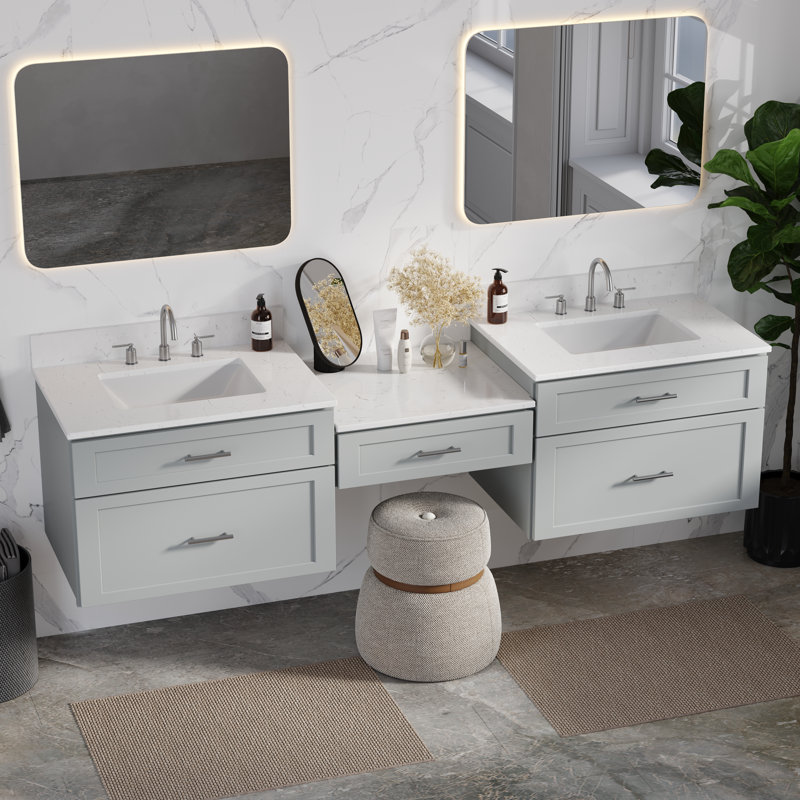 Ensemble de meuble-lavabo mural flottant double 84 po avec comptoir Carrara Disar, Gris