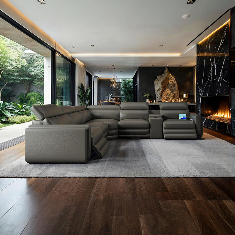 Gesina Oversized Dual Power Reclining 5-Seater Sofa with Console, Bluetooth Speakers & Storage,  Leathaire