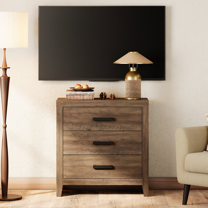 Farmhouse TV Stand For Bedroom, Tall Media Console With 3 Drawers For Small Spaces, Rustic Wood Entertainment Center And Accent Storage Cabinet For Living Room, Bedroom, Or Home Office, Brown