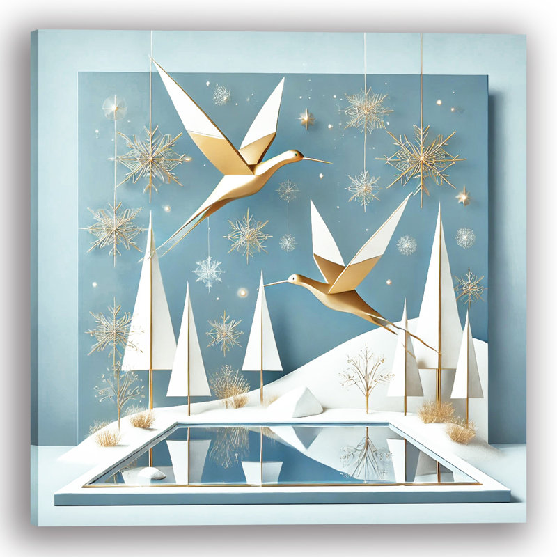 «Golden Birds in Winter Flight», art mural sur toile tendue, H 40 po x l 40 po x P 1,5 po
