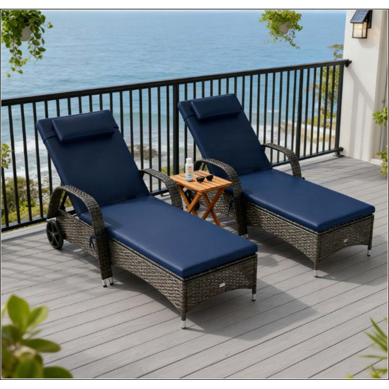 Rolling Outdoor Chairs,2 Reclining Chaise Lounge Chairs,With Cushion, Pillow, Headrest, Armrests, And Wheels, Dark Blue