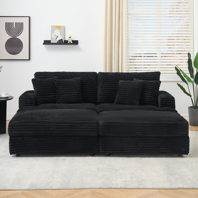 Canapé en velours côtelé de 82 po avec deux pieds de rangement et 4 coussins décoratifs, Noir
