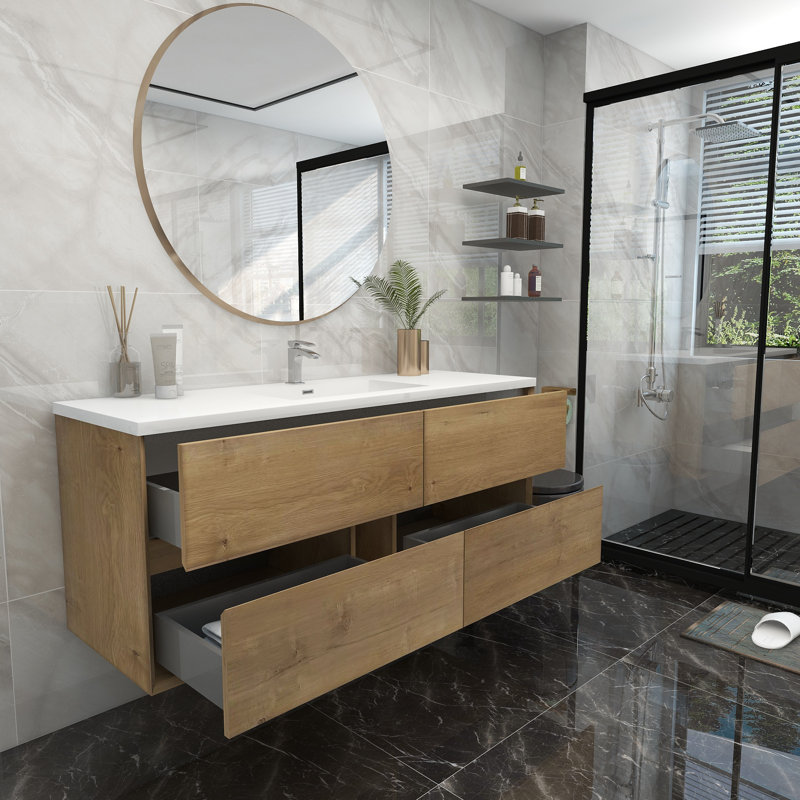 60'' Single Bathroom Vanity with Acrylic Top, Teak Oak