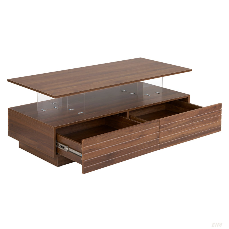 47.2" Rectangular LED Lights Coffee Table With 2 Drawers, Walnut