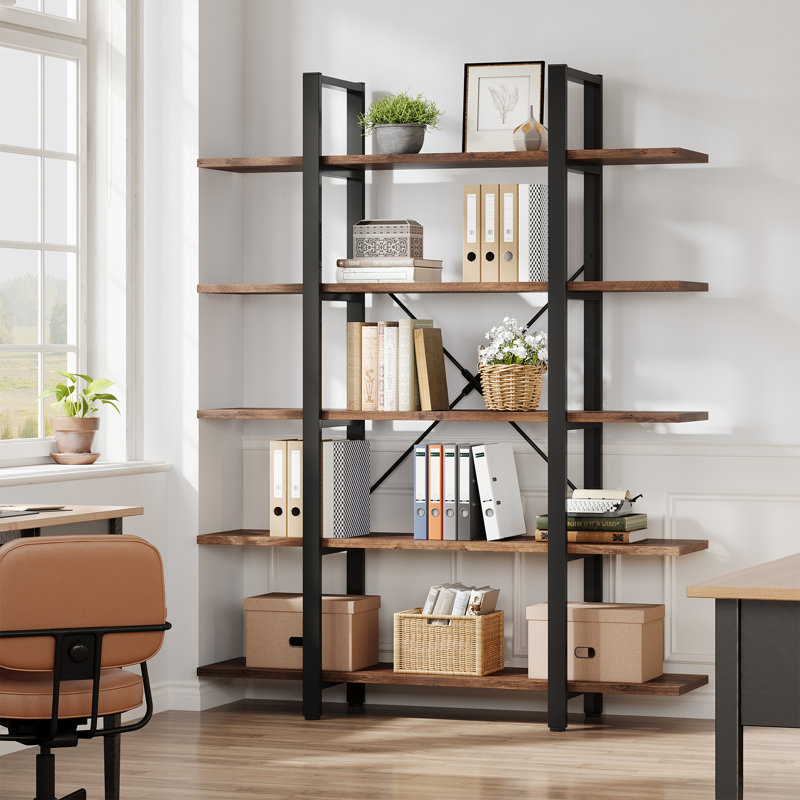 Industrial 5-Tier Bookcase, Metal Frame Open Shelf With X-Back Design, 71" Tall Storage Shelves For Living Room, Home Office