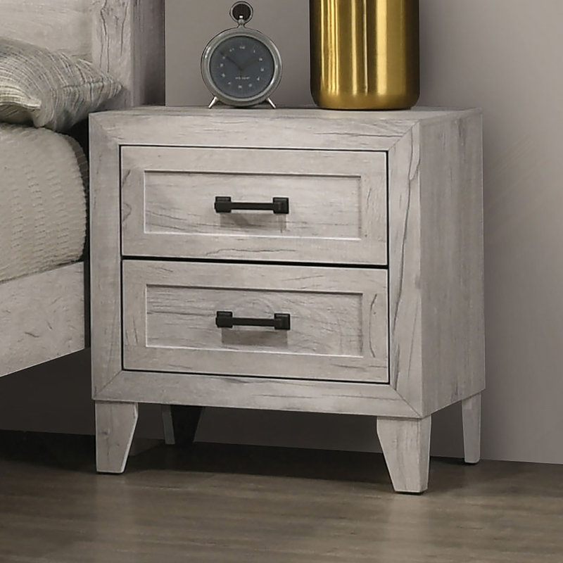Table de chevet de style contemporain avec deux tiroirs et une poignée de barre noire, idéale pour ajouter élégance et fonctionnalité à votre chambre à coucher