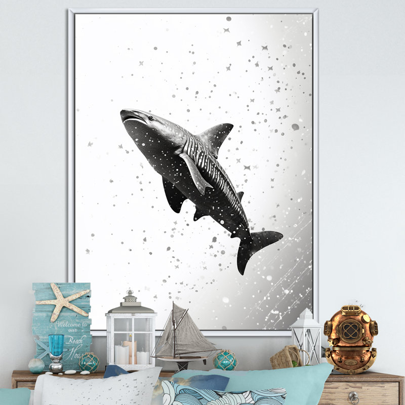 " Monochrome Gray Shark Dance II ", White Floater Framed, 32" H x 16" W x 1" D