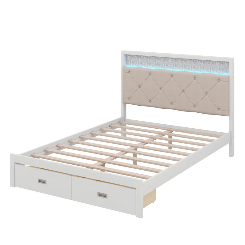 Lit plateforme en bois avec tête de lit tapissier et 2 tiroirs Stoltz, Grand, Blanc / Beige