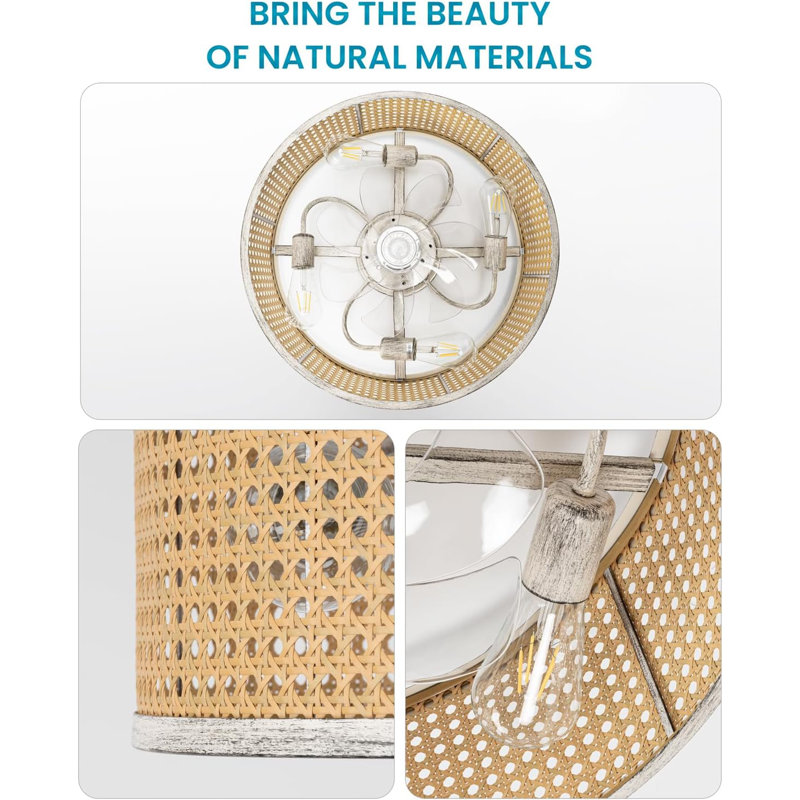 20" Rattan Caged Ceiling Fan with Light & Remote Control, Flush Mount Boho Style Fandelier, Drum Shade, Bladeless/6 Speed/Timer/Quiet DC Motor/Low Profile, for Bedroom Living Room Kitchen