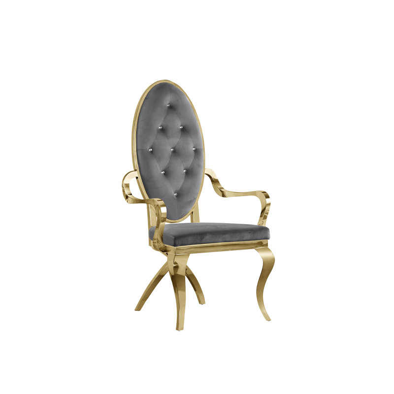 Tufted Velvet Upholstered Armchair, Gold, Dark Gray Velvet